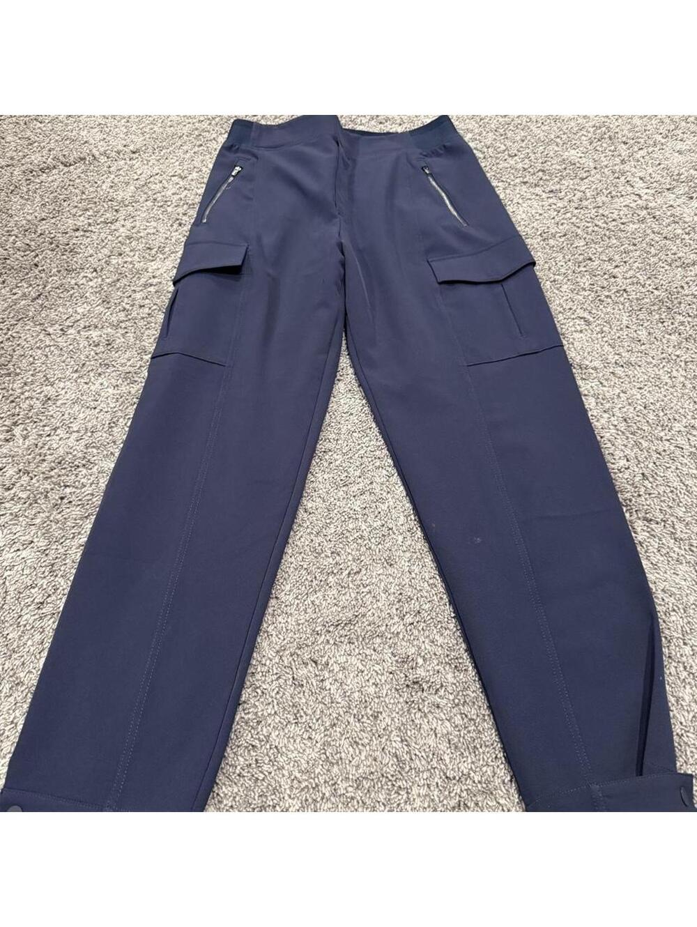 Athleta Navy Blue Cargo Style Pants with Zipper Pockets and Snap Button Cuffs